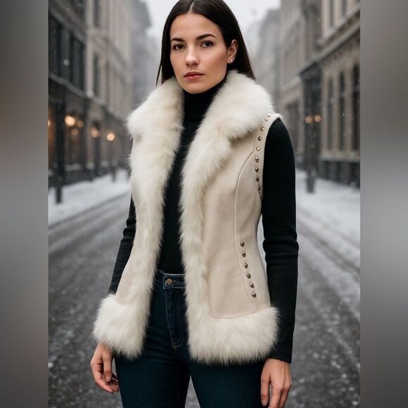 Bebe White Faux Fur Vest with Studded Trim – Size M – - Picture 1 of 12